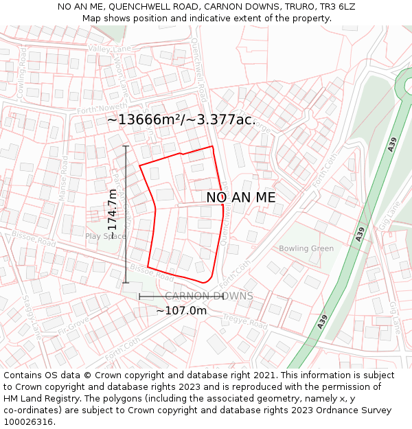 NO AN ME, QUENCHWELL ROAD, CARNON DOWNS, TRURO, TR3 6LZ: Plot and title map