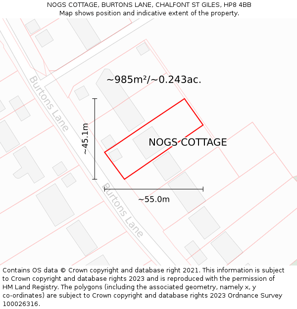 NOGS COTTAGE, BURTONS LANE, CHALFONT ST GILES, HP8 4BB: Plot and title map