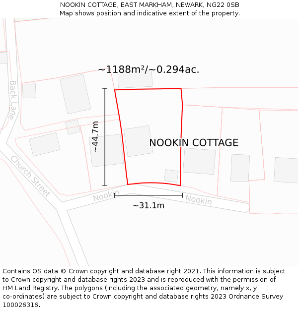 NOOKIN COTTAGE, EAST MARKHAM, NEWARK, NG22 0SB: Plot and title map
