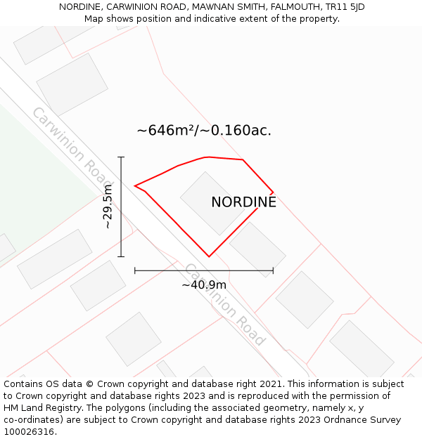 NORDINE, CARWINION ROAD, MAWNAN SMITH, FALMOUTH, TR11 5JD: Plot and title map