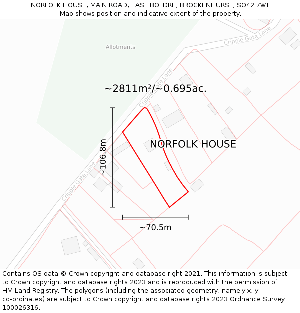 NORFOLK HOUSE, MAIN ROAD, EAST BOLDRE, BROCKENHURST, SO42 7WT: Plot and title map