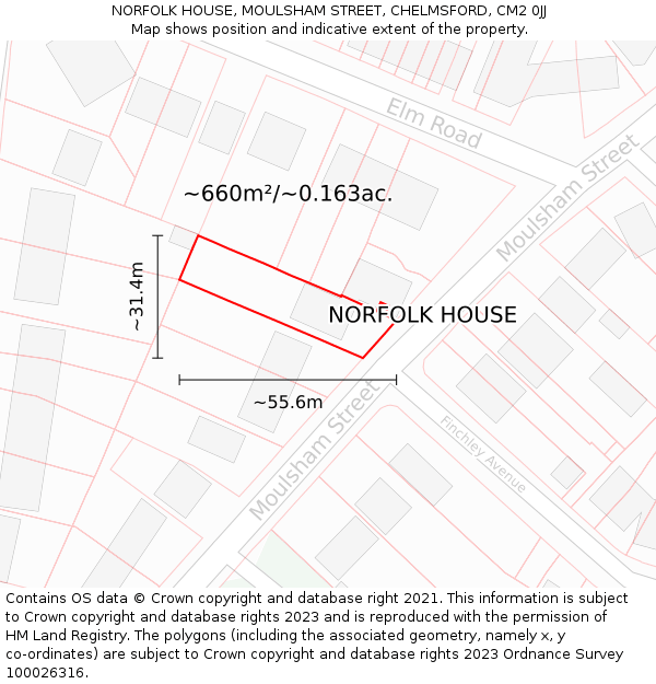 NORFOLK HOUSE, MOULSHAM STREET, CHELMSFORD, CM2 0JJ: Plot and title map