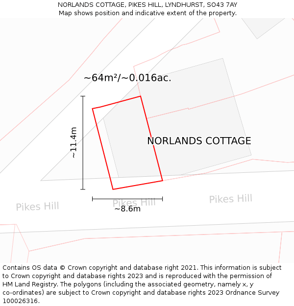 NORLANDS COTTAGE, PIKES HILL, LYNDHURST, SO43 7AY: Plot and title map