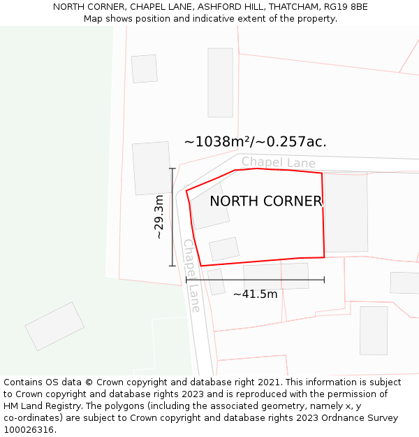 NORTH CORNER, CHAPEL LANE, ASHFORD HILL, THATCHAM, RG19 8BE: Plot and title map