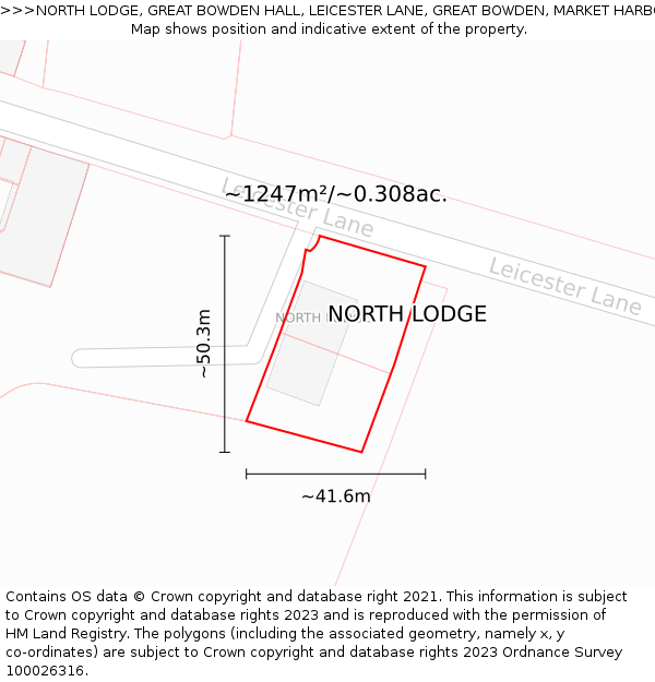 NORTH LODGE, GREAT BOWDEN HALL, LEICESTER LANE, GREAT BOWDEN, MARKET HARBOROUGH, LE16 7HP: Plot and title map