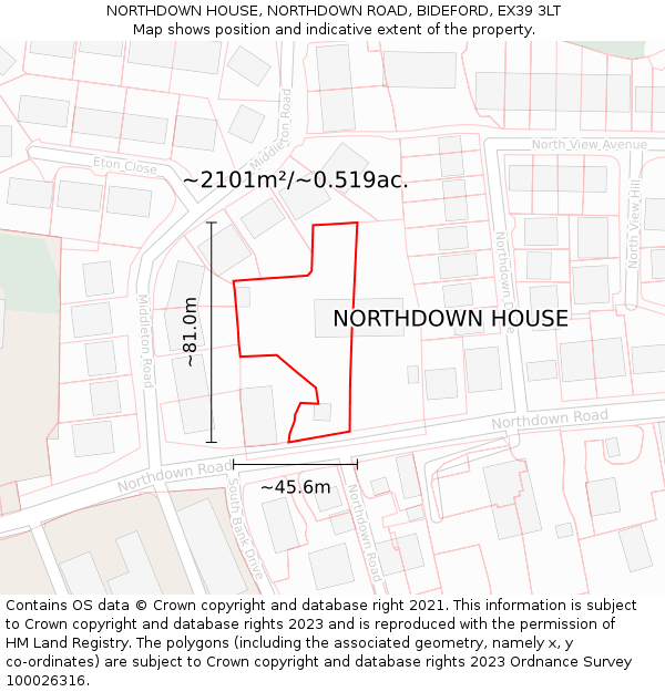 NORTHDOWN HOUSE, NORTHDOWN ROAD, BIDEFORD, EX39 3LT: Plot and title map