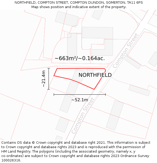 NORTHFIELD, COMPTON STREET, COMPTON DUNDON, SOMERTON, TA11 6PS: Plot and title map