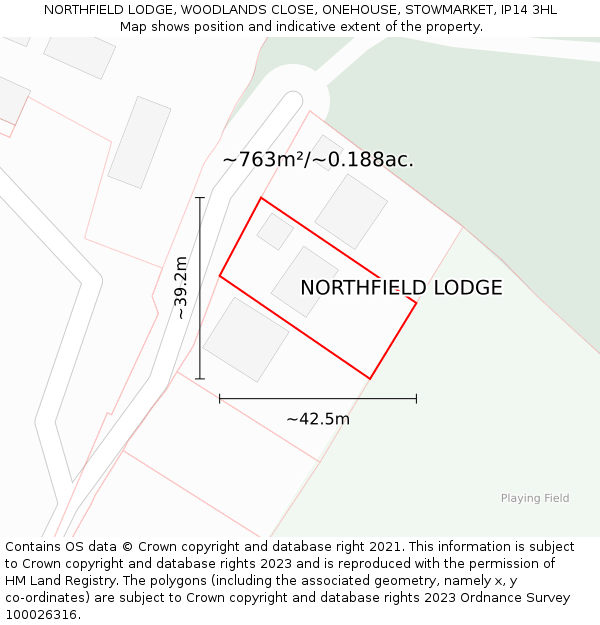 NORTHFIELD LODGE, WOODLANDS CLOSE, ONEHOUSE, STOWMARKET, IP14 3HL: Plot and title map