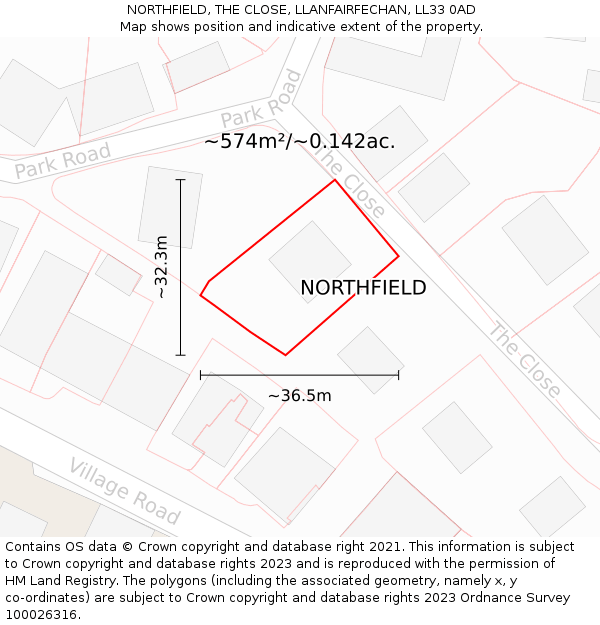 NORTHFIELD, THE CLOSE, LLANFAIRFECHAN, LL33 0AD: Plot and title map