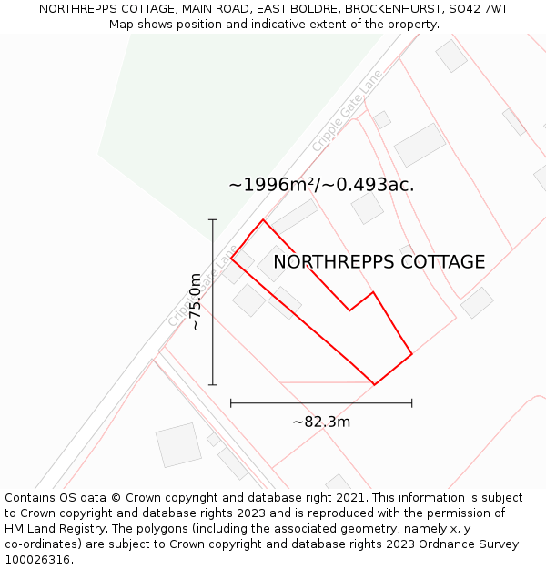 NORTHREPPS COTTAGE, MAIN ROAD, EAST BOLDRE, BROCKENHURST, SO42 7WT: Plot and title map