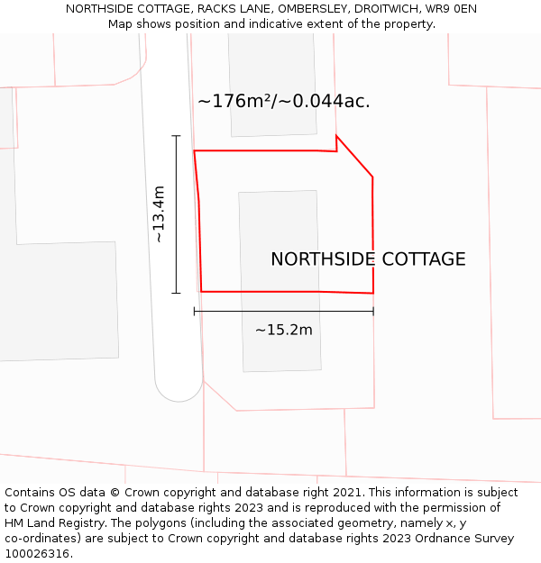 NORTHSIDE COTTAGE, RACKS LANE, OMBERSLEY, DROITWICH, WR9 0EN: Plot and title map