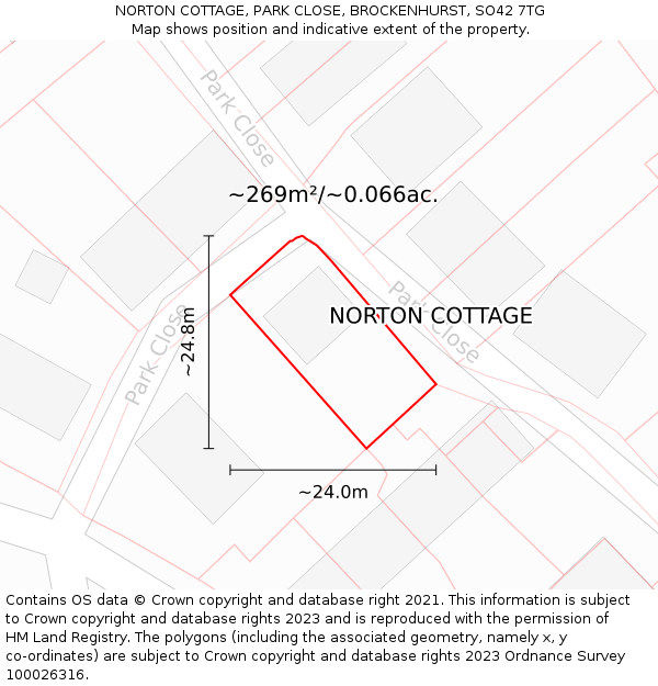 NORTON COTTAGE, PARK CLOSE, BROCKENHURST, SO42 7TG: Plot and title map