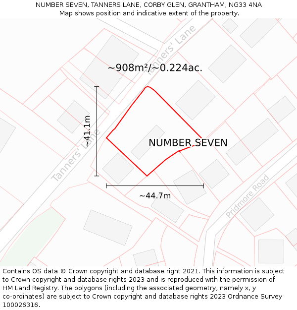 NUMBER SEVEN, TANNERS LANE, CORBY GLEN, GRANTHAM, NG33 4NA: Plot and title map