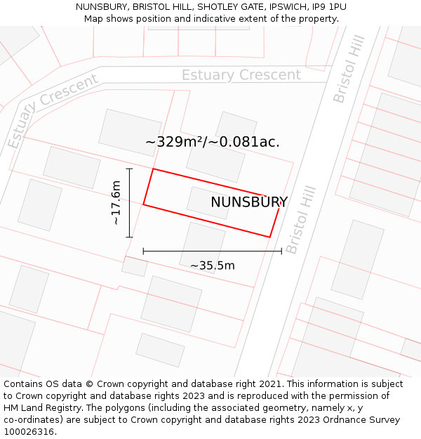 NUNSBURY, BRISTOL HILL, SHOTLEY GATE, IPSWICH, IP9 1PU: Plot and title map