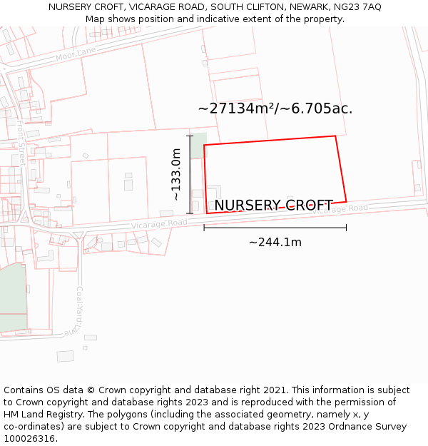 NURSERY CROFT, VICARAGE ROAD, SOUTH CLIFTON, NEWARK, NG23 7AQ: Plot and title map