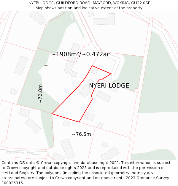 NYERI LODGE, GUILDFORD ROAD, MAYFORD, WOKING, GU22 0SE: Plot and title map