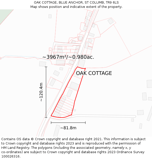 OAK COTTAGE, BLUE ANCHOR, ST COLUMB, TR9 6LS: Plot and title map