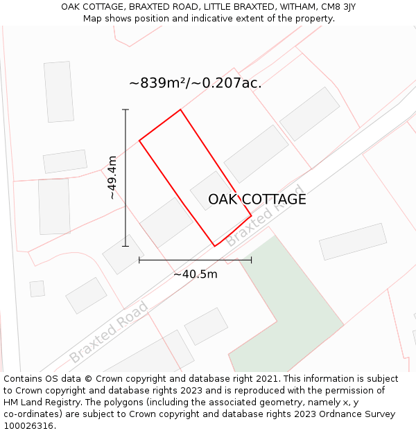OAK COTTAGE, BRAXTED ROAD, LITTLE BRAXTED, WITHAM, CM8 3JY: Plot and title map