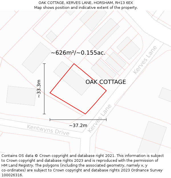 OAK COTTAGE, KERVES LANE, HORSHAM, RH13 6EX: Plot and title map