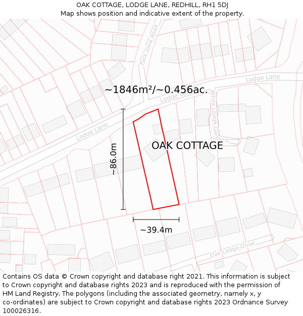 OAK COTTAGE, LODGE LANE, REDHILL, RH1 5DJ: Plot and title map