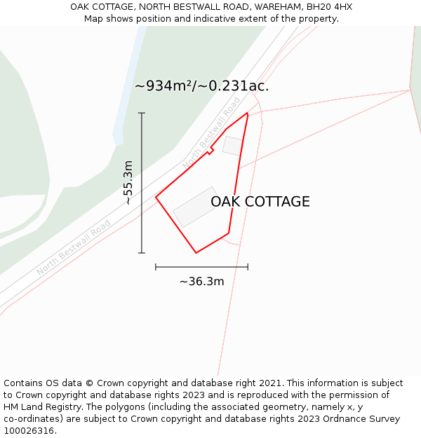 OAK COTTAGE, NORTH BESTWALL ROAD, WAREHAM, BH20 4HX: Plot and title map