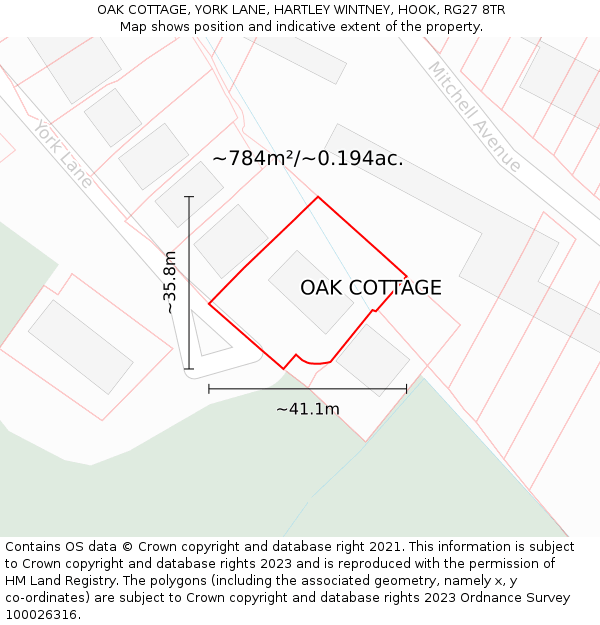 OAK COTTAGE, YORK LANE, HARTLEY WINTNEY, HOOK, RG27 8TR: Plot and title map