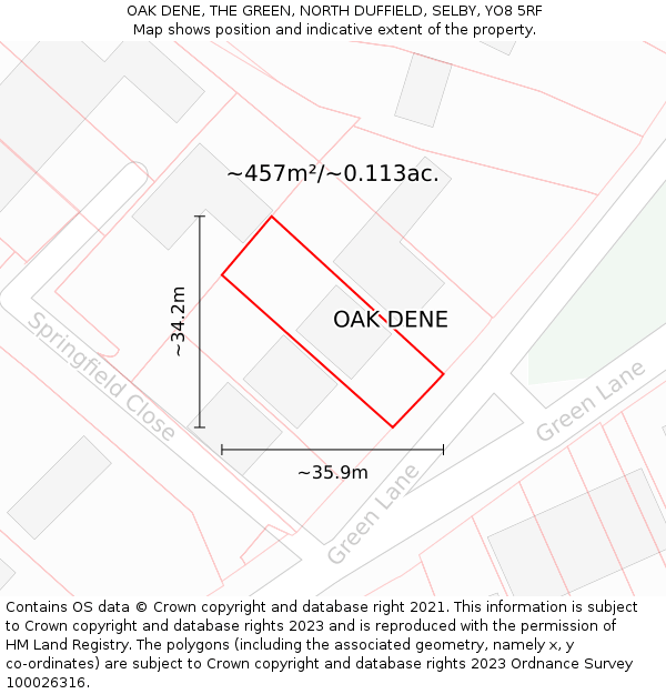 OAK DENE, THE GREEN, NORTH DUFFIELD, SELBY, YO8 5RF: Plot and title map