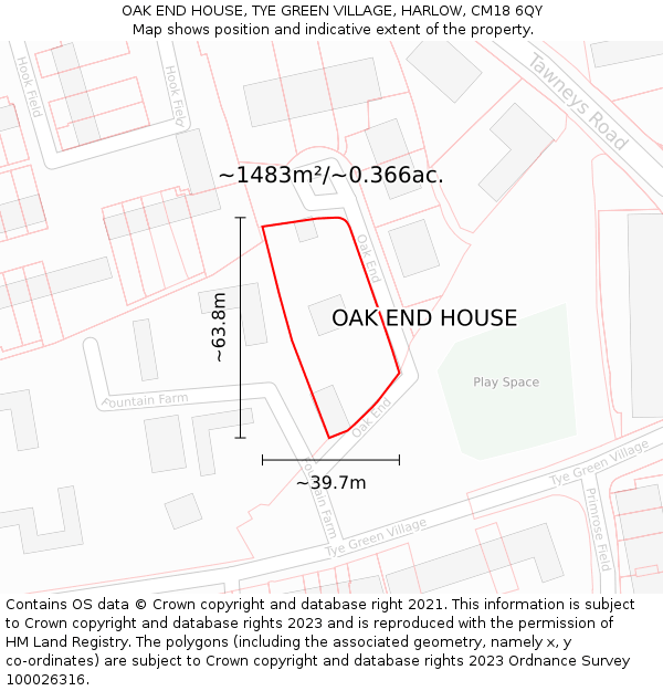 OAK END HOUSE, TYE GREEN VILLAGE, HARLOW, CM18 6QY: Plot and title map