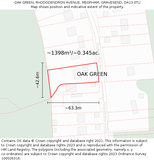 OAK GREEN, RHODODENDRON AVENUE, MEOPHAM, GRAVESEND, DA13 0TU: Plot and title map