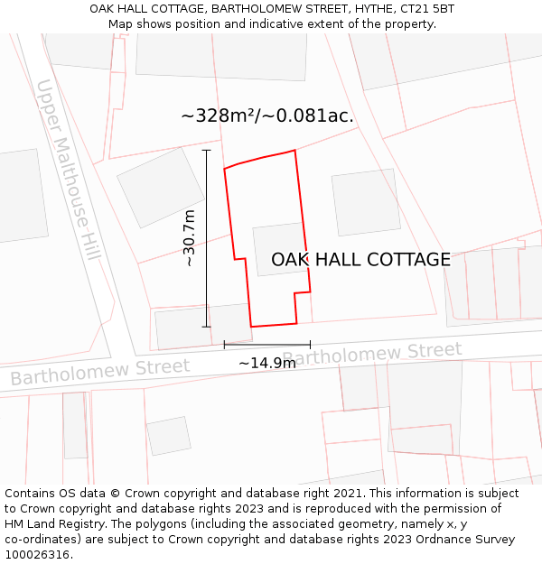 OAK HALL COTTAGE, BARTHOLOMEW STREET, HYTHE, CT21 5BT: Plot and title map