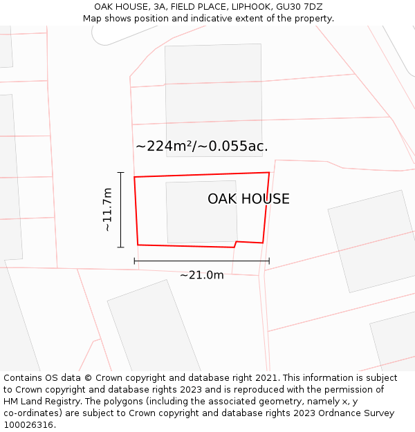 OAK HOUSE, 3A, FIELD PLACE, LIPHOOK, GU30 7DZ: Plot and title map