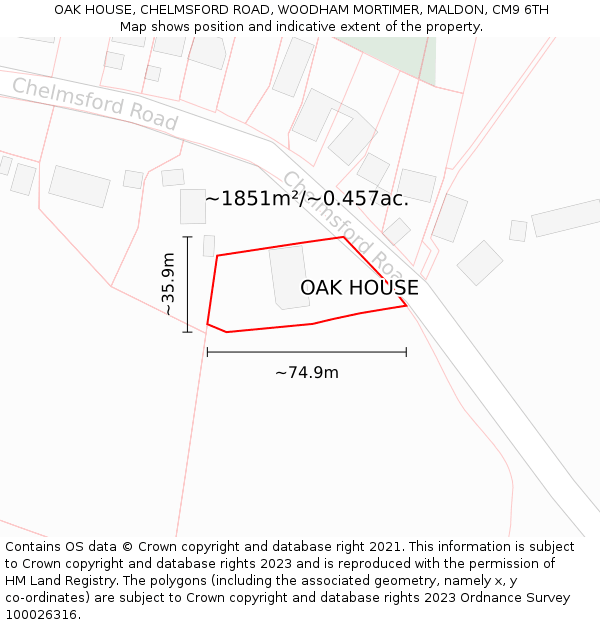 OAK HOUSE, CHELMSFORD ROAD, WOODHAM MORTIMER, MALDON, CM9 6TH: Plot and title map