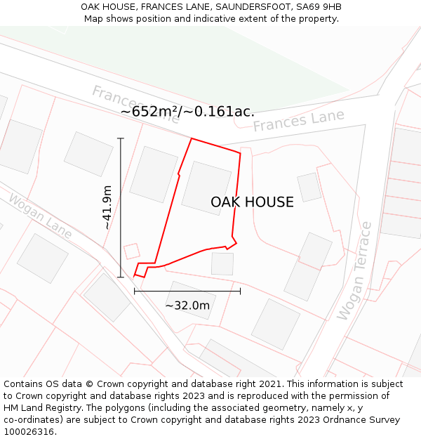 OAK HOUSE, FRANCES LANE, SAUNDERSFOOT, SA69 9HB: Plot and title map