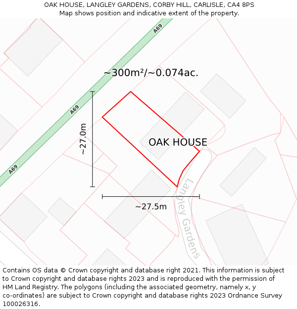 OAK HOUSE, LANGLEY GARDENS, CORBY HILL, CARLISLE, CA4 8PS: Plot and title map