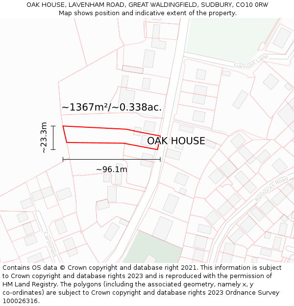 OAK HOUSE, LAVENHAM ROAD, GREAT WALDINGFIELD, SUDBURY, CO10 0RW: Plot and title map