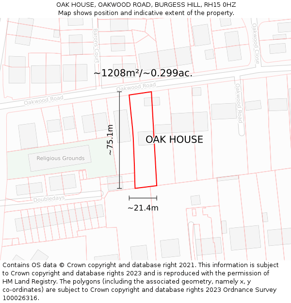 OAK HOUSE, OAKWOOD ROAD, BURGESS HILL, RH15 0HZ: Plot and title map