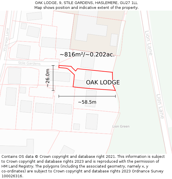 OAK LODGE, 9, STILE GARDENS, HASLEMERE, GU27 1LL: Plot and title map