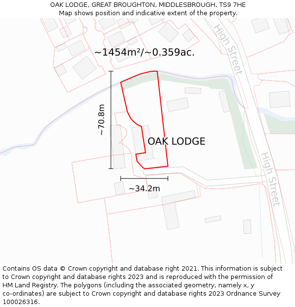 OAK LODGE, GREAT BROUGHTON, MIDDLESBROUGH, TS9 7HE: Plot and title map