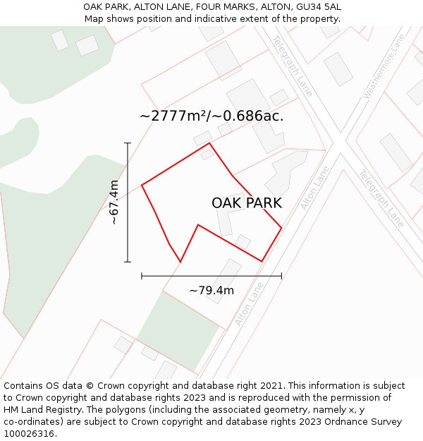 OAK PARK, ALTON LANE, FOUR MARKS, ALTON, GU34 5AL: Plot and title map