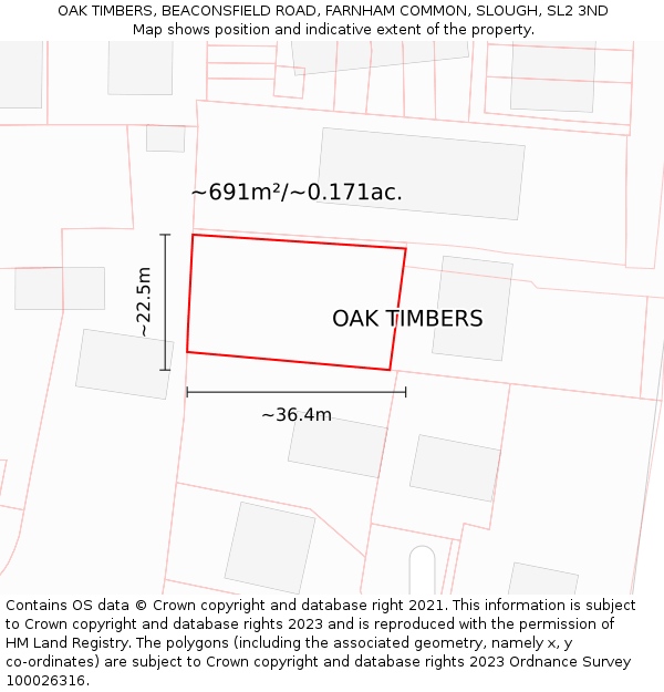 OAK TIMBERS, BEACONSFIELD ROAD, FARNHAM COMMON, SLOUGH, SL2 3ND: Plot and title map