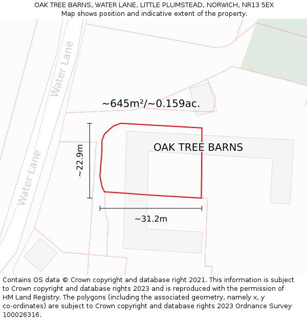 OAK TREE BARNS, WATER LANE, LITTLE PLUMSTEAD, NORWICH, NR13 5EX: Plot and title map