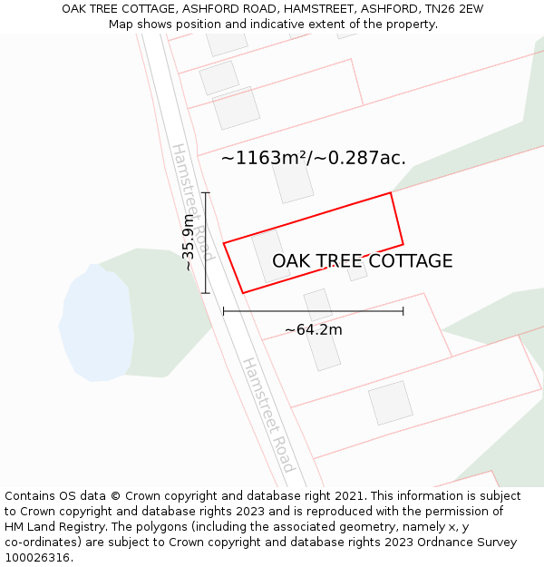 OAK TREE COTTAGE, ASHFORD ROAD, HAMSTREET, ASHFORD, TN26 2EW: Plot and title map