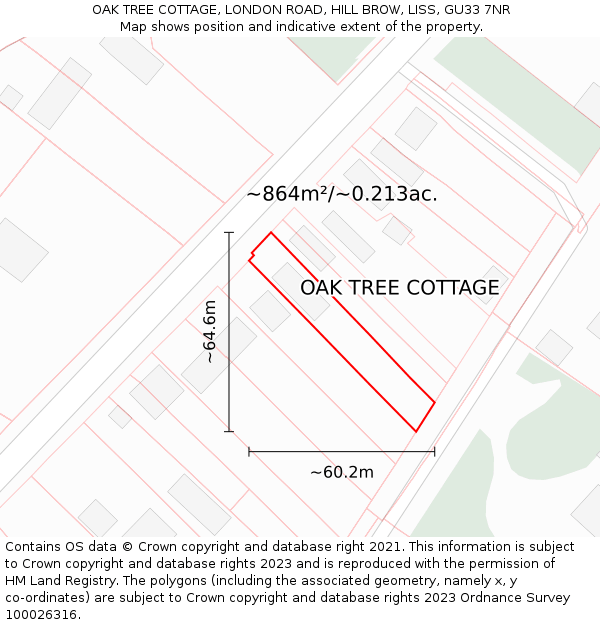 OAK TREE COTTAGE, LONDON ROAD, HILL BROW, LISS, GU33 7NR: Plot and title map