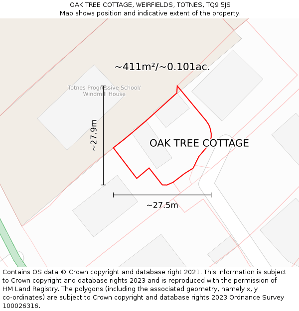 OAK TREE COTTAGE, WEIRFIELDS, TOTNES, TQ9 5JS: Plot and title map