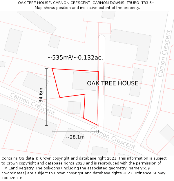 OAK TREE HOUSE, CARNON CRESCENT, CARNON DOWNS, TRURO, TR3 6HL: Plot and title map