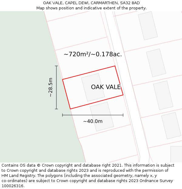 OAK VALE, CAPEL DEWI, CARMARTHEN, SA32 8AD: Plot and title map