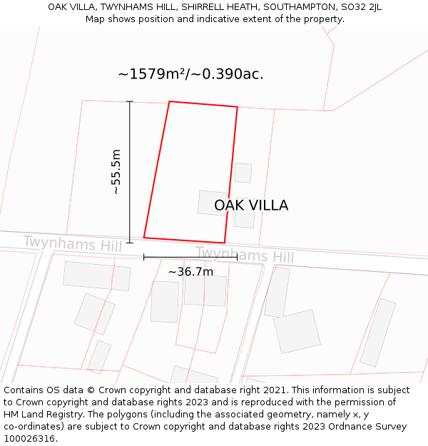 OAK VILLA, TWYNHAMS HILL, SHIRRELL HEATH, SOUTHAMPTON, SO32 2JL: Plot and title map