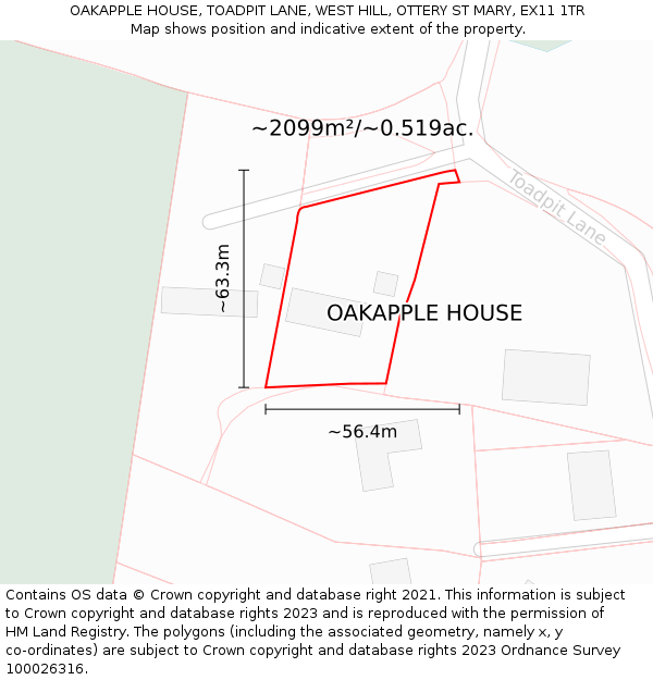 OAKAPPLE HOUSE, TOADPIT LANE, WEST HILL, OTTERY ST MARY, EX11 1TR: Plot and title map