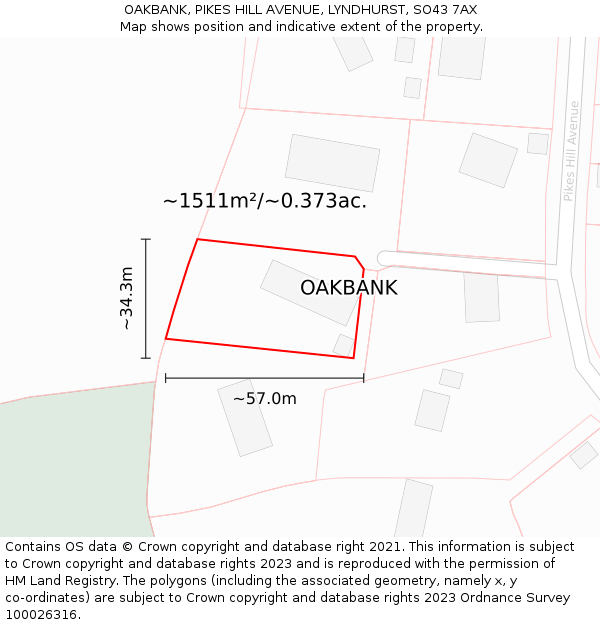 OAKBANK, PIKES HILL AVENUE, LYNDHURST, SO43 7AX: Plot and title map