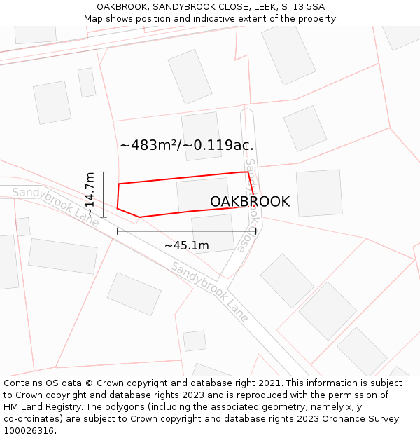 OAKBROOK, SANDYBROOK CLOSE, LEEK, ST13 5SA: Plot and title map